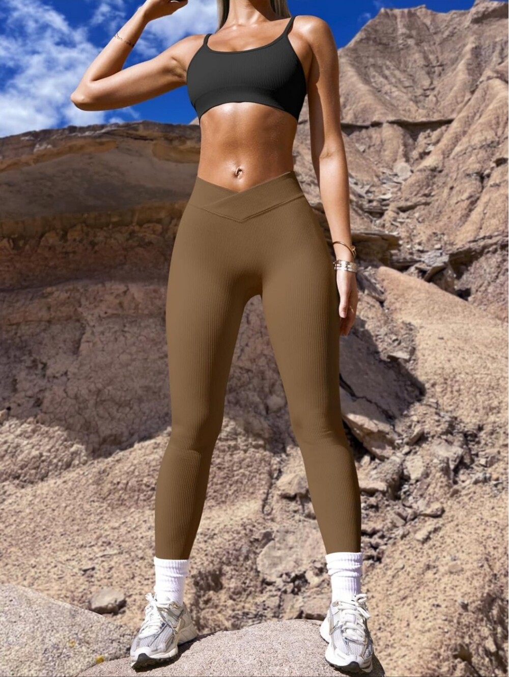 OQQ Ribbed Seamless High Waist Cross Over Leggings In Coffee